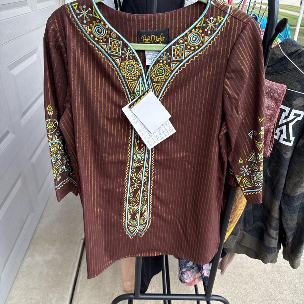 Bob Mackie Brown and Green Embroidered Tunic